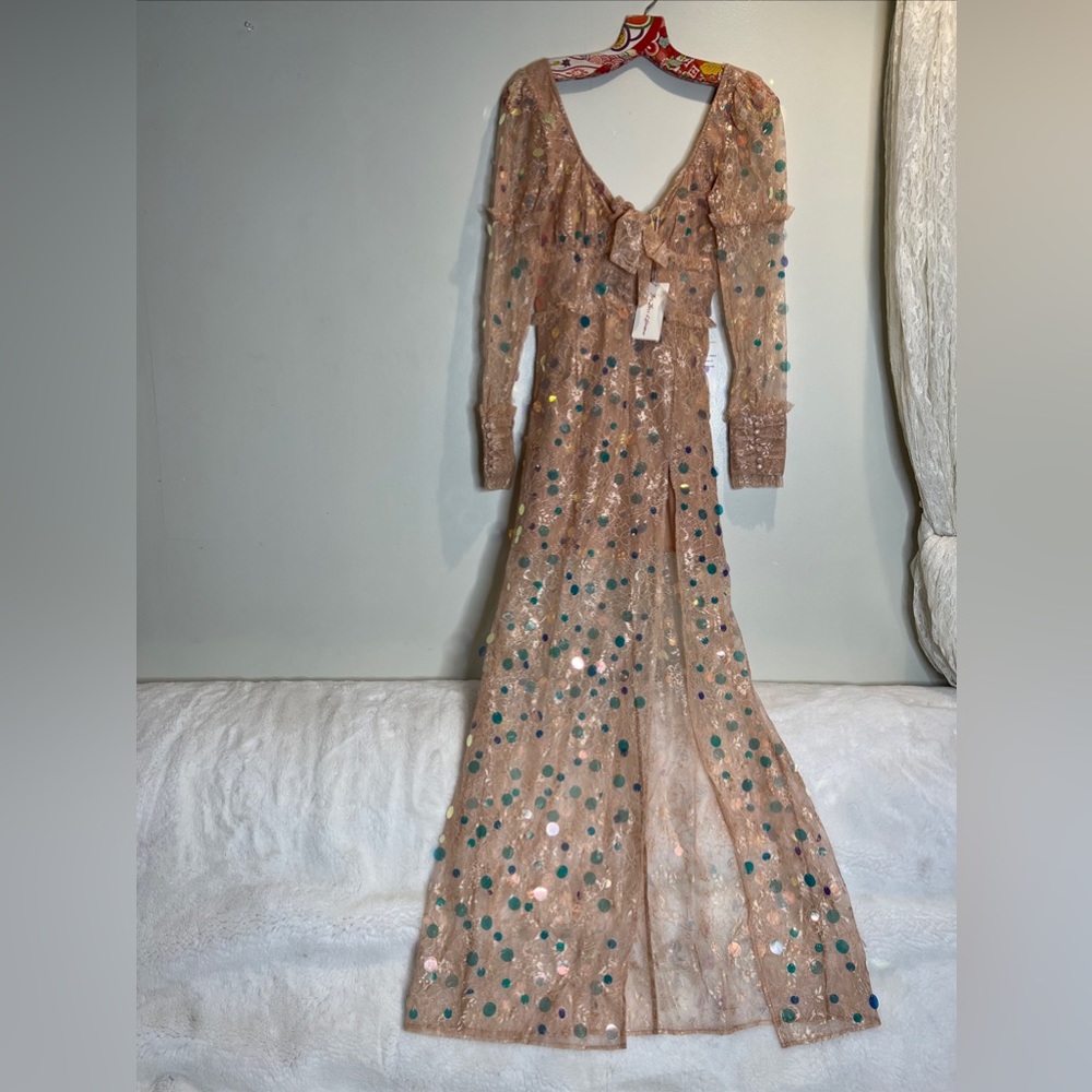 For Love & Lemons Ace Sequin Lace Nude Long Sleeve Slit Maxi Dress Gown - Picture 9 of 11